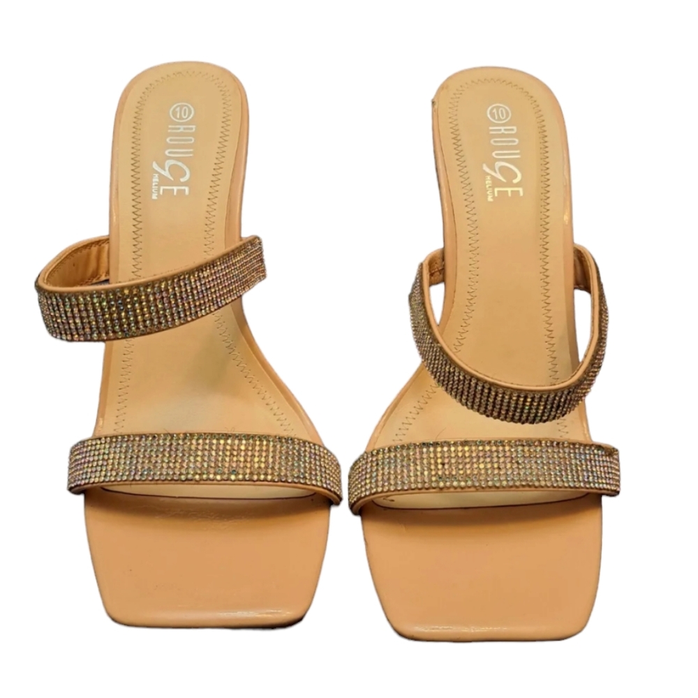 Rogue Helium High Heels Woman's 10 Light Brown Square Toed Rhinestones‎